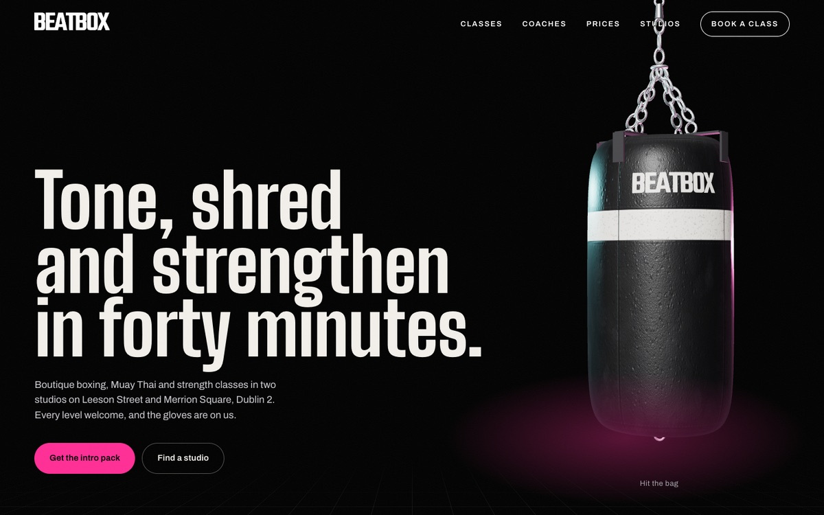 BeatBox homepage: black background, a 3D BeatBox punching bag lit in pink and a Get the intro pack button