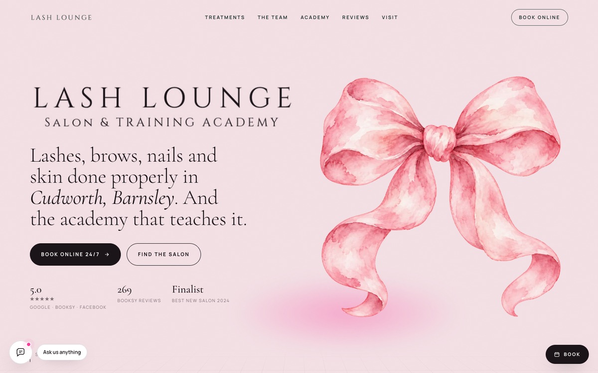 Lash Lounge homepage: pale pink background, a watercolour pink bow and a Book online button