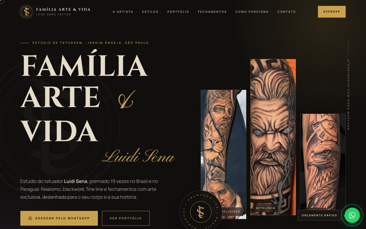 Página de inicio de Família Arte e Vida: diseño negro y dorado con tres fotos de tatuajes y un botón de WhatsApp