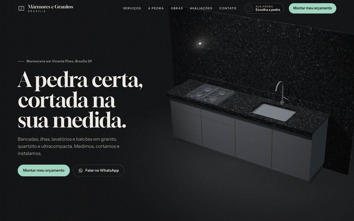 Mármores e Granitos Brasília homepage: dark design with a 3D kitchen worktop in black granite and a quote button