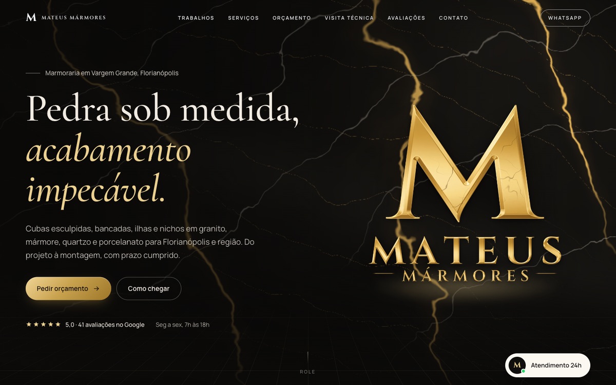 Mateus Mármores homepage: black marble background with gold veins, a large gold M logo and a quote button